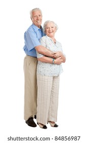 Satisfied Smiling Senior Couple Standing Full Length Together Isolated On White Background