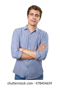 Satisfied young man with arms crossed on white background