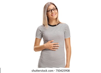 Satisfied Young Woman Holding Her Hand On Her Stomach After Having A Meal Or A Drink Isolated On White Background 