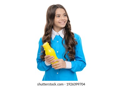 Satisfy Your Appetite. Happy Kid Hold Bottle Isolated On White. Yogurt Snack. Appetite Control. Energy Balance. Dairy Food. Eat And Drink To Satiety. Enjoy Your Meal.