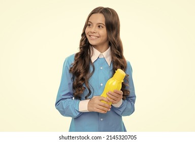 Satisfy Your Appetite. Happy Kid Hold Bottle Isolated On White. Yogurt Snack. Appetite Control