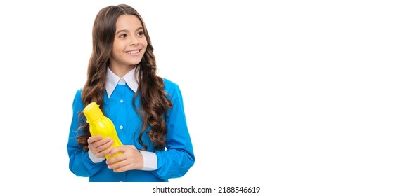 Satisfy Your Appetite. Happy Kid Hold Bottle Isolated On White. Yogurt Snack. Appetite Control. Horizontal Poster Of Isolated Child Face, Banner Header, Copy Space.