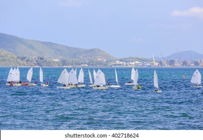 SATTAHIP CHONBURI - APRIL,8 : The Group Of Sailing Boats Sail At The Old Port Sea That Practice For Next Competition.This Is The Nice View Of Sailing Clubs.THAILAND APRIL,8 2016