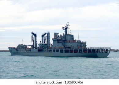 sattahip,chonburi,Thailand,september 2019;ROKS HWACHEON (AOE-59) Support Ship from South Korea passing gulf of Thailand during sea training naval cadet student.