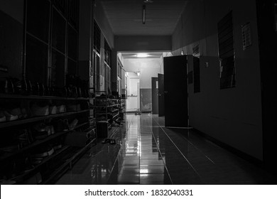 SATUEK, BURIRAM, THAILAND - 12 October 2020 : Dark Corridor In Dormitory/aparment Hallway With Light At The End. A Picture Was Taken From Princess Chulabhorn Science High School Buriram's Dormitory