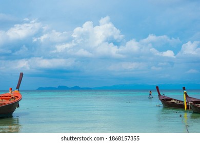 Satun,Thailand - September 30, 2020 : Longtail boats harbor at Ko Lipe island in Satun, Thailand on September 30, 2020.