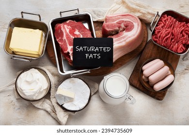 Saturated fats on tables. Raw meat, sausages, cheese, butter. Bad food concept. Top view