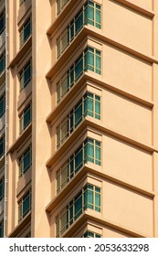 Saturday, October 20, 2018. A Light Pale Orange Coloured Apartment With A Turquoise Coated Windows Located Next To The Sunway Pyramid Mall, Petaling Jaya City, Selangor, Malaysia.