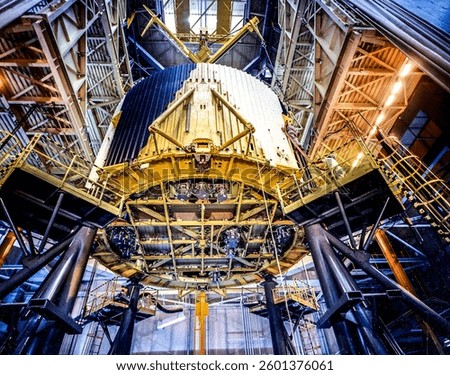 Saturn Apollo Program, a view of stacking the major components of the S-IC (first) stage of the Saturn V vehicle at the Boeing vertical assembly building at the Michoud Assembly Facility (MAF). 