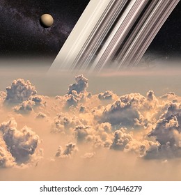 Saturn And The Moon Titan Viewed From The Clouds