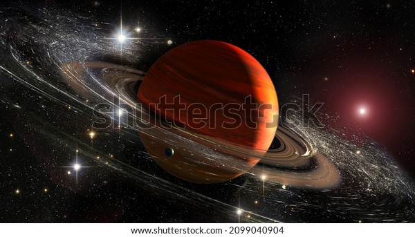 Saturn planet with rings in outer space among star\
dust and srars. Titan moon seen. Elements of this image furnished\
by NASA.