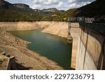 Sau, Spain, the dam of the Sau reservoir is seen as the drought caused by climate change causes water shortages in Spain and Europe.