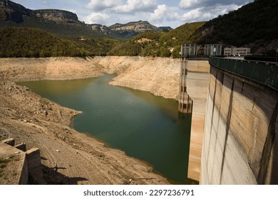 Sau, Spain, the dam of the Sau reservoir is seen as the drought caused by climate change causes water shortages in Spain and Europe.