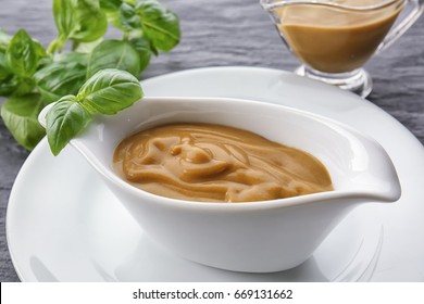 Sauce Boat With Turkey Gravy On Table