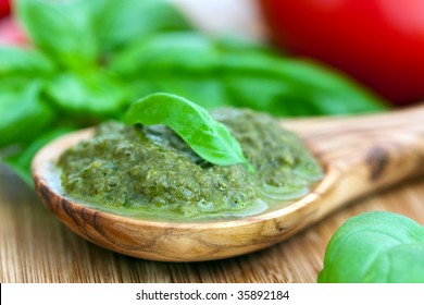 Sauce Pesto In The Wooden Spoon