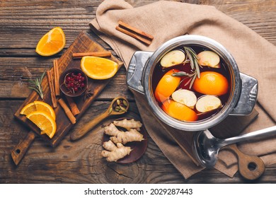 Saucepan With Hot Mulled Wine On Table