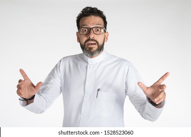 Saudi adult wearing traditional thobe, and glasses، in various poses and face expressions, on isolated white background ready for cutout and design purposes.