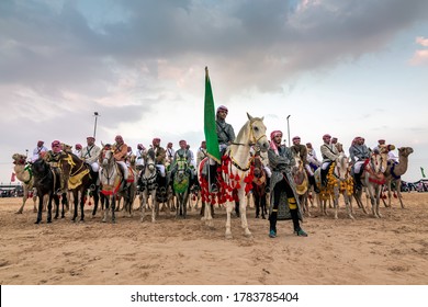 Saudi Arab Camel Riders With Their Camels On Traditional Desert Safari Festival In Abqaiq Saudi Arabia. 10-Jan-2020. 