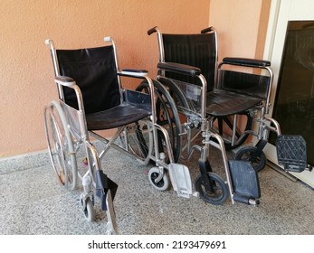 Saudi Arabia August 2022 : Two Wheel Chairs Parked In Front Of Local Governmental Public Health Clinic 