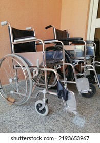 Saudi Arabia August 2022 : Two Wheel Chairs Parked In Front Of Local Governmental Public Health Clinic 