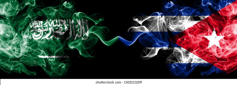 Saudi Arabia Kingdom vs Cuba, Cuban smoky mystic flags placed side by side. Thick colored silky smoke flags of Arabic, Arabian and Cuba, Cuban