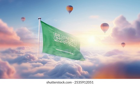 Saudi Arabia national flag hidding in beautiful clouds with hot air balLoons. Top view drone. Aerial bird's eye fly flag. Saudi Arabian national flag for independence day. - Powered by Shutterstock