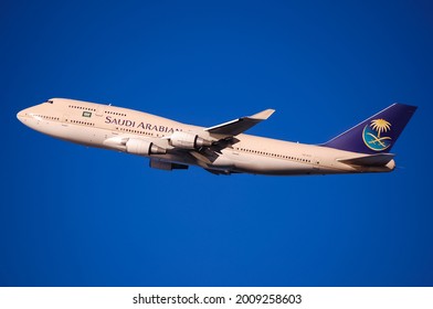 Saudi Arabian Airlines (Saudia) Boeing 747-400 is taking off from the John F. Kennedy International Airport. New York, USA May 10, 2008.