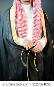 Saudi Arabian Man Wears Luxury Traditional Arabic Clothes.