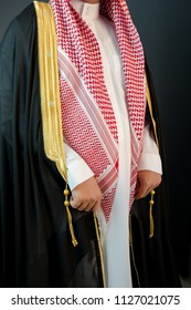 Saudi Arabian Man Wears Luxury Traditional Arabic Clothes.