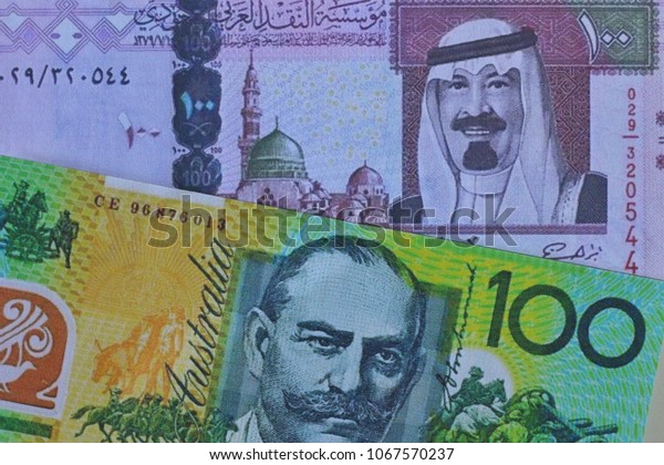 Saudi Arabian Riyal Dollars Australia Banknotes Stock Photo (Edit 