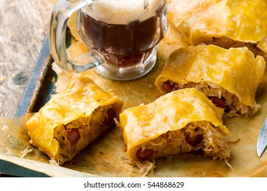 Sauerkraut Strudel With Sausages.selective Focus. Style Rustic
