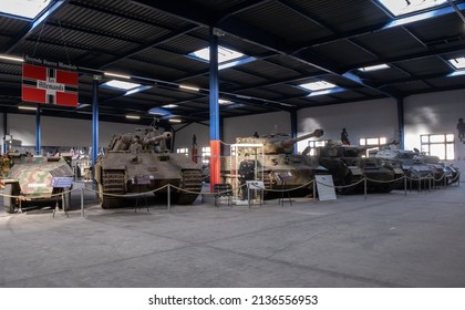 Saumur, France - February 26, 2022: German armoured vehicles and weapons at the tank museum in Saumur (Musee des Blindes). Second world war exhibition. Selective focus.