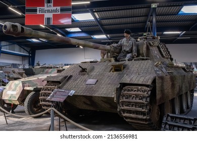 Saumur, France - February 26, 2022: German Panther (Panzer V Sd. Kfz. 171). Tank museum in Saumur (Musee des Blindes). Second world war exhibition. Selective focus.