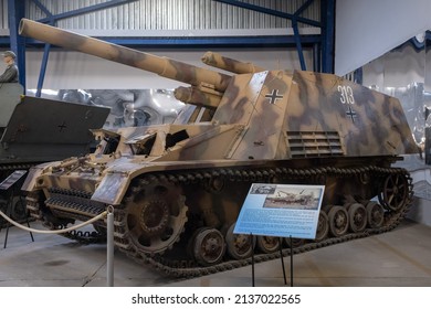 Saumur, France - February 26, 2022: German Hummel (Sd. Kfz. 165). Tank museum in Saumur (Musee des Blindes). Second world war exhibition. Selective focus.