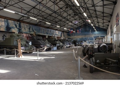 Saumur, France - February 26, 2022: Allies Armoured Vehicles And Weapons At The Tank Museum In Saumur (Musee Des Blindes). Second World War Exhibition. Selective Focus.