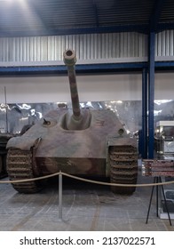 Saumur, France - February 26, 2022: German Jagdpanzer V (Jagdpanther tank destroyer Sd. Kfz. 173). Tank museum in Saumur (Musee des Blindes). Second world war exhibition. Selective focus.