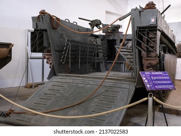 Saumur, France - February 26, 2022: American LTV4 Alligator. Tank Museum In Saumur (Musee Des Blindes). Second World War Exhibition. Selective Focus.