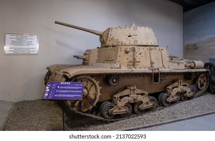 Saumur, France - February 26, 2022: Italian M15 42 Tank. Tank Museum In Saumur (Musee Des Blindes). Second World War Exhibition. Selective Focus.