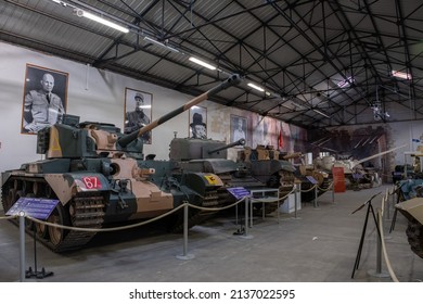 Saumur, France - February 26, 2022: Allies Armoured Vehicles And Weapons At The Tank Museum In Saumur (Musee Des Blindes). Second World War Exhibition. Selective Focus.