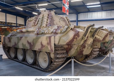 Saumur, France - February 26, 2022: German Panther (Panzer V Sd. Kfz. 171). Tank museum in Saumur (Musee des Blindes). Second world war exhibition. Selective focus.