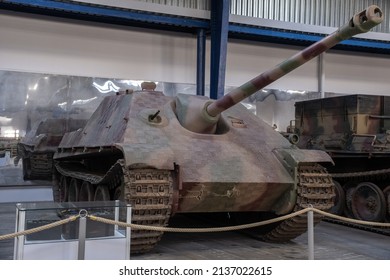 Saumur, France - February 26, 2022: German Jagdpanzer V (Jagdpanther tank destroyer Sd. Kfz. 173). Tank museum in Saumur (Musee des Blindes). Second world war exhibition. Selective focus.