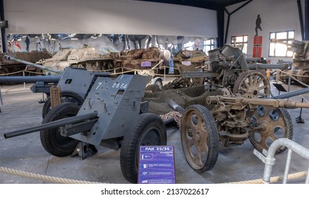 Saumur, France - February 26, 2022: German Armoured Vehicles And Weapons At The Tank Museum In Saumur (Musee Des Blindes). Second World War Exhibition. Selective Focus.