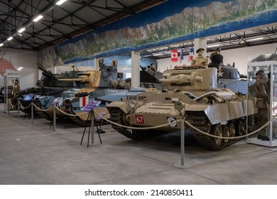 Saumur, France - February 26, 2022: Allies Armoured Vehicles And Weapons At The Tank Museum In Saumur (Musee Des Blindes). Second World War Exhibition. Selective Focus.