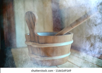 sauna accessories / spa concept, sauna relaxation, hot sauna accessories, steam, bucket, heat