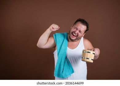 Sauna. Funny Fat Man. Brown Background.