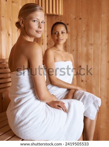 Sauna, spa and portrait of women to relax for beauty, detox or sweat for skincare wellness. Luxury, treatment and friends sitting together in steam room for facial, anti aging and benefits to body