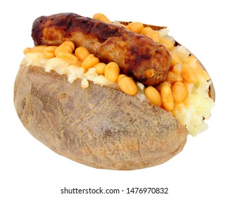 Sausage And Baked Bean Filled Baked Jacket Potato Isolated On A White Background