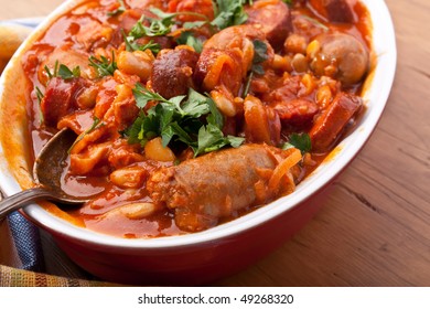 Sausage And Bean Stew In A Dish