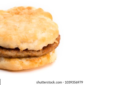 Sausage Biscuit Breakfast Sandwich On A White Background