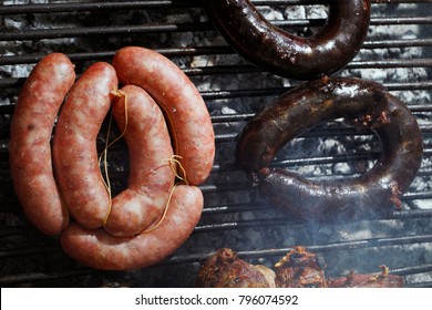 Sausage and black pudding on the grill